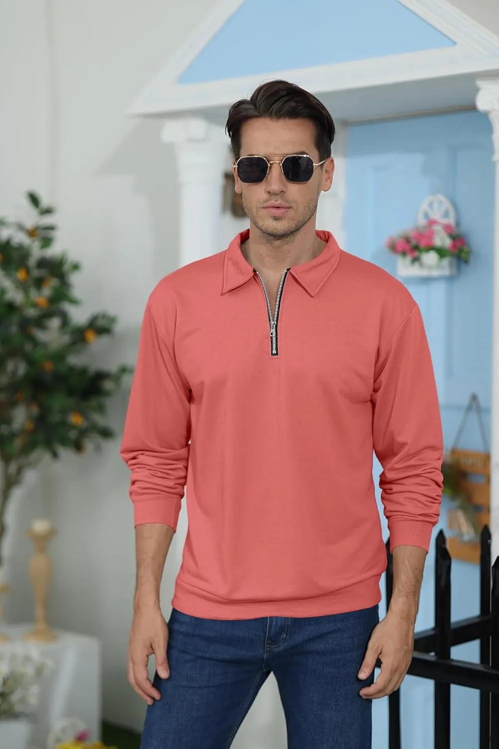 Lexiart Mens Long Sleeve Polo Shirts-Casual Thermal Loose Fit Pullover Quarter Zip Sweatshirts