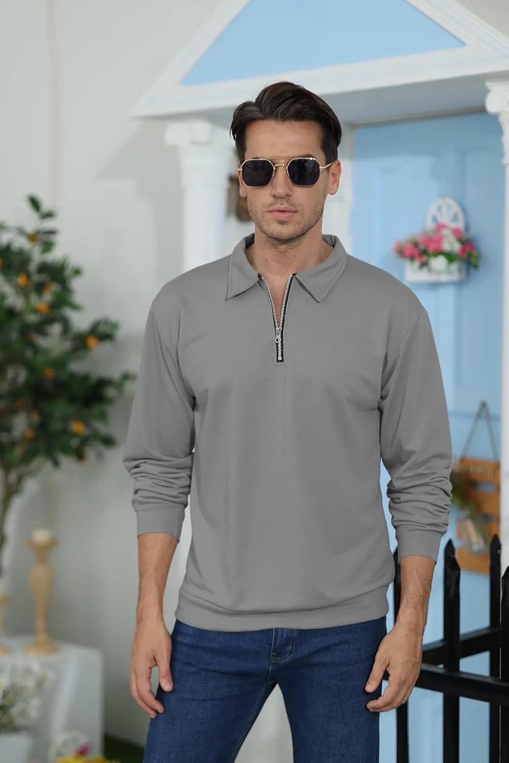 Lexiart Mens Long Sleeve Polo Shirts-Casual Thermal Loose Fit Pullover Quarter Zip Sweatshirts