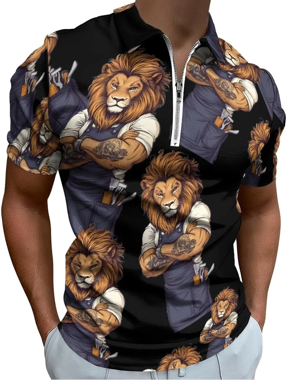 Lion Barber Trendy Polo Shirts for Men Short Sleeve Lapel Collar Zipper T-Shirts Outdoor Sports