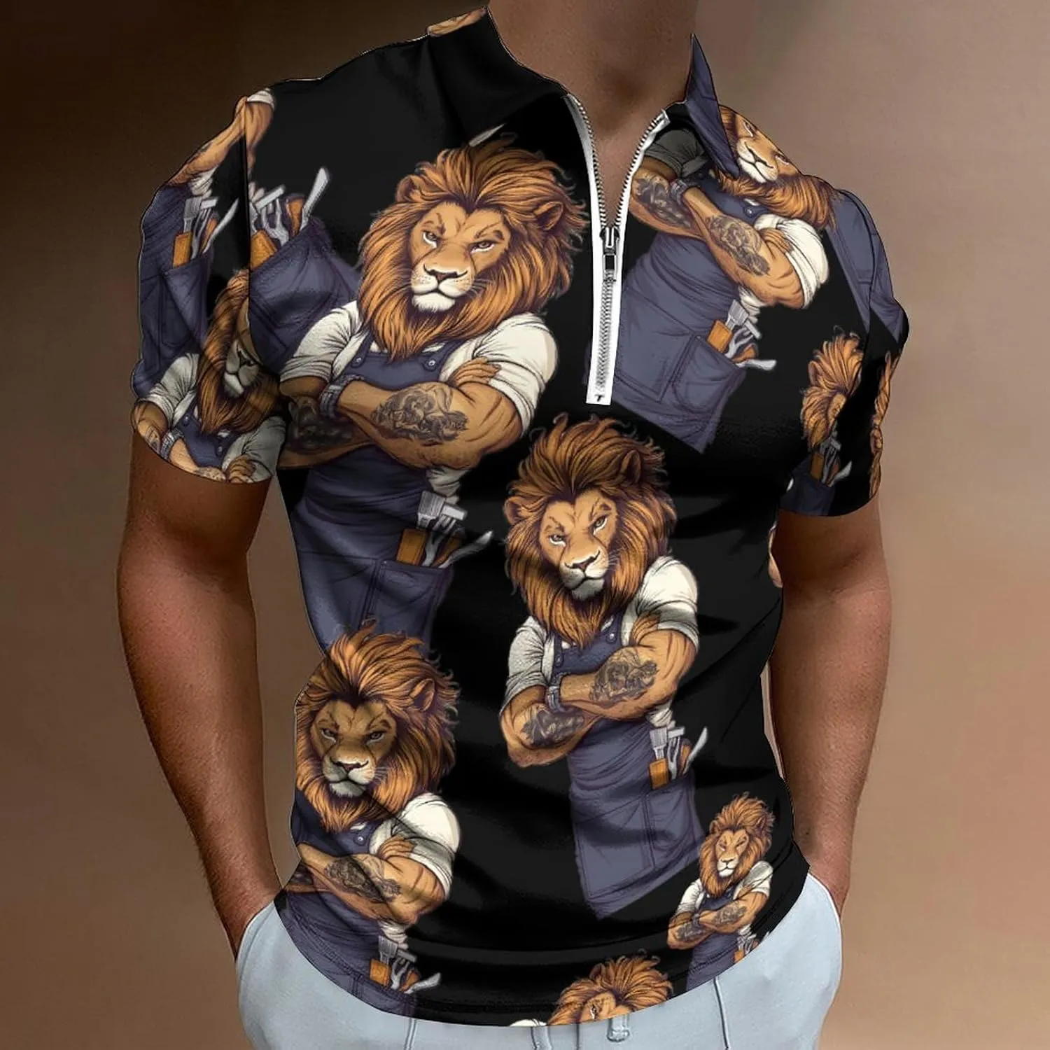 Lion Barber Trendy Polo Shirts for Men Short Sleeve Lapel Collar Zipper T-Shirts Outdoor Sports