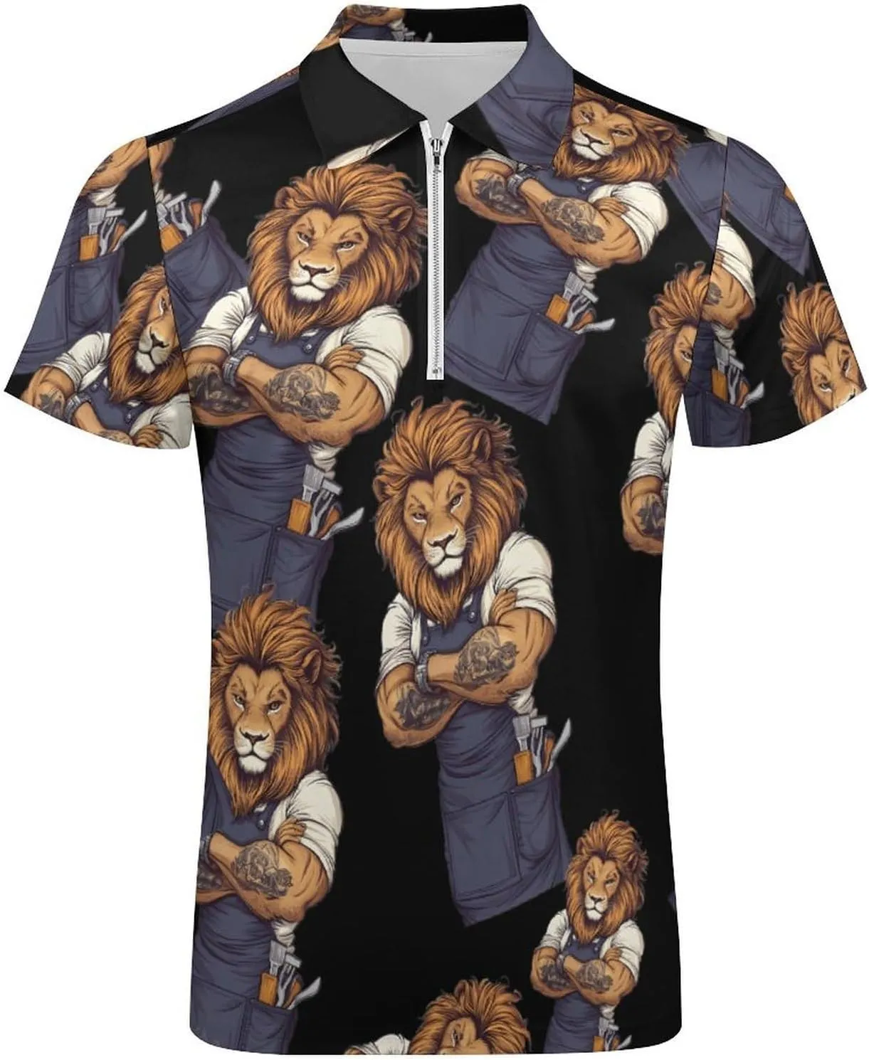 Lion Barber Trendy Polo Shirts for Men Short Sleeve Lapel Collar Zipper T-Shirts Outdoor Sports