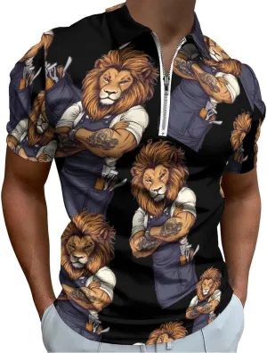 Lion Barber Trendy Polo Shirts for Men Short Sleeve Lapel Collar Zipper T-Shirts Outdoor Sports
