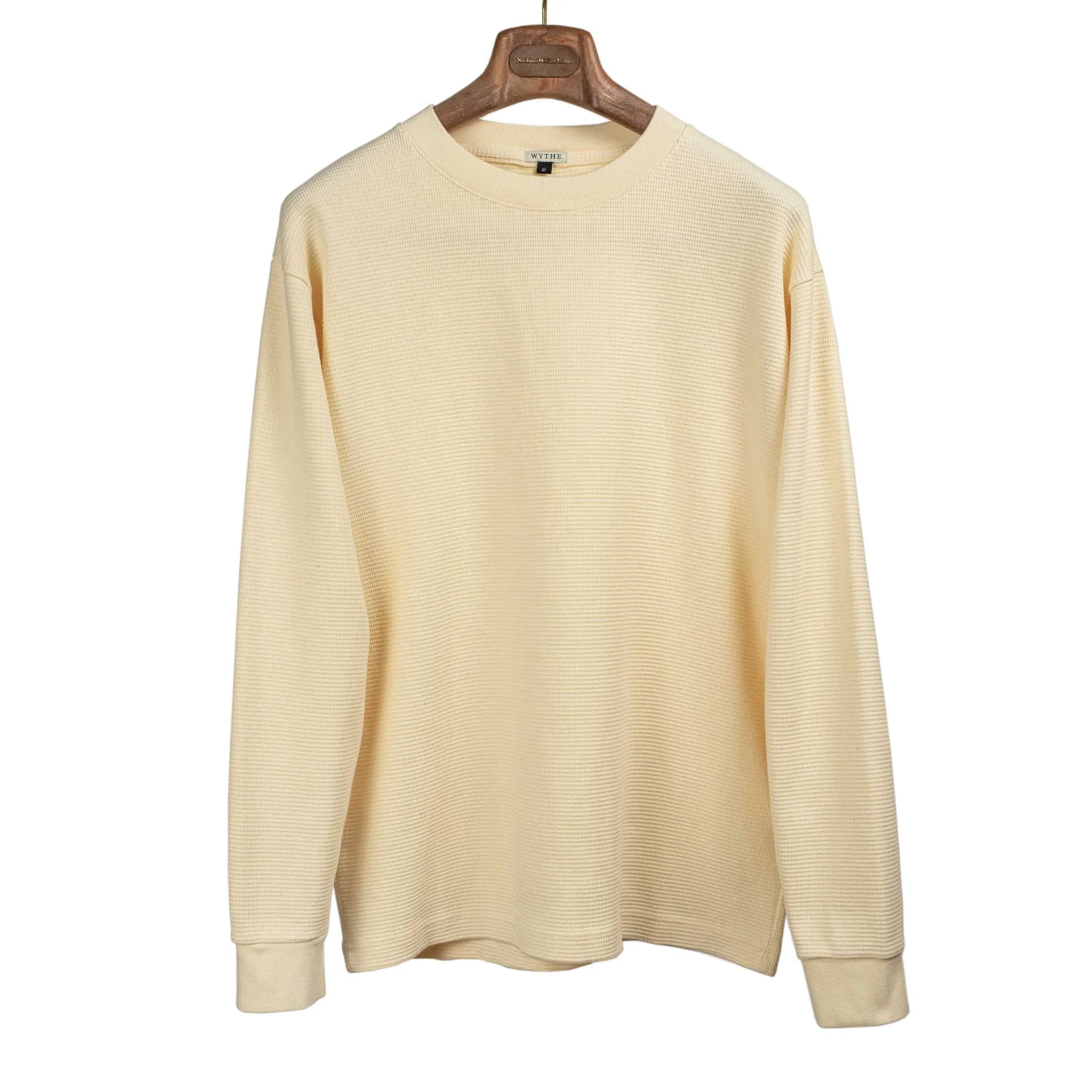 Long sleeve waffle thermal tee in cream cotton