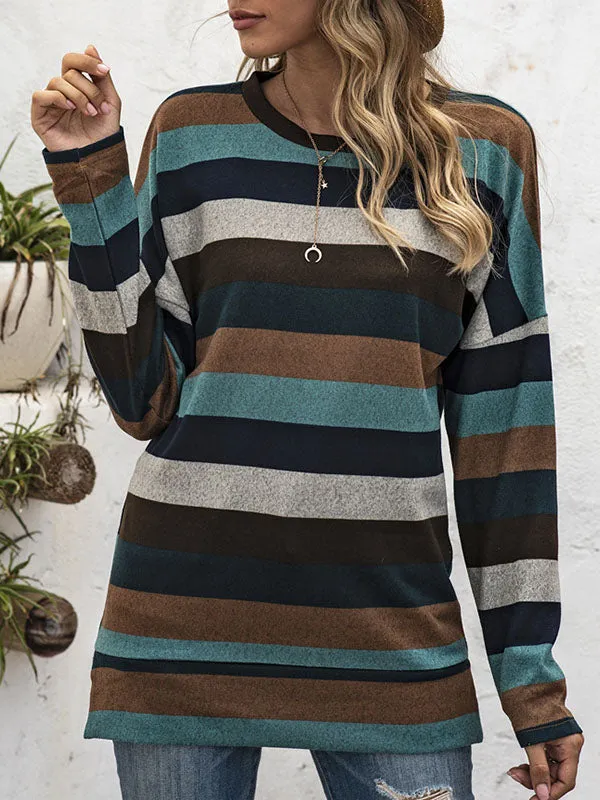 Long Sleeves Loose Split-Side Striped Round-Neck Sweatshirt Tops