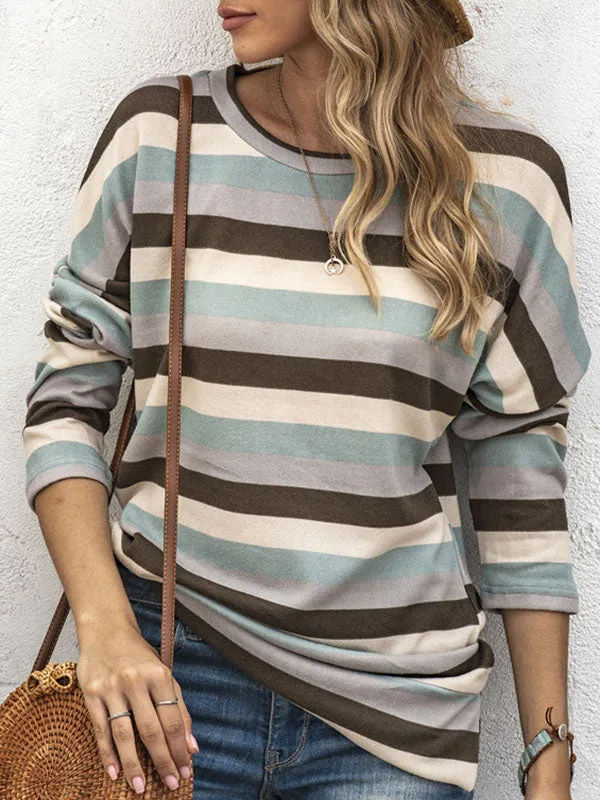 Long Sleeves Loose Split-Side Striped Round-Neck Sweatshirt Tops