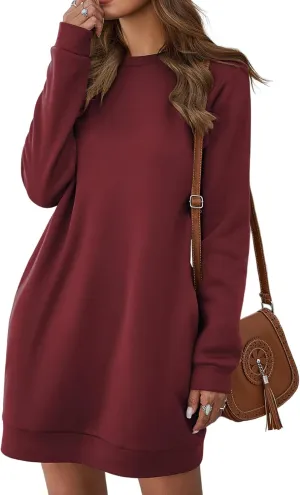 LYANER Women's Sweatshirt Dress Crewneck Long Sleeve Loose Fit Mini Sweat Shirt Dress with Pockets