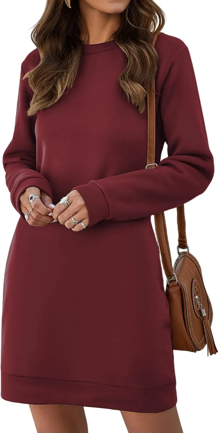 LYANER Women's Sweatshirt Dress Crewneck Long Sleeve Loose Fit Mini Sweat Shirt Dress with Pockets