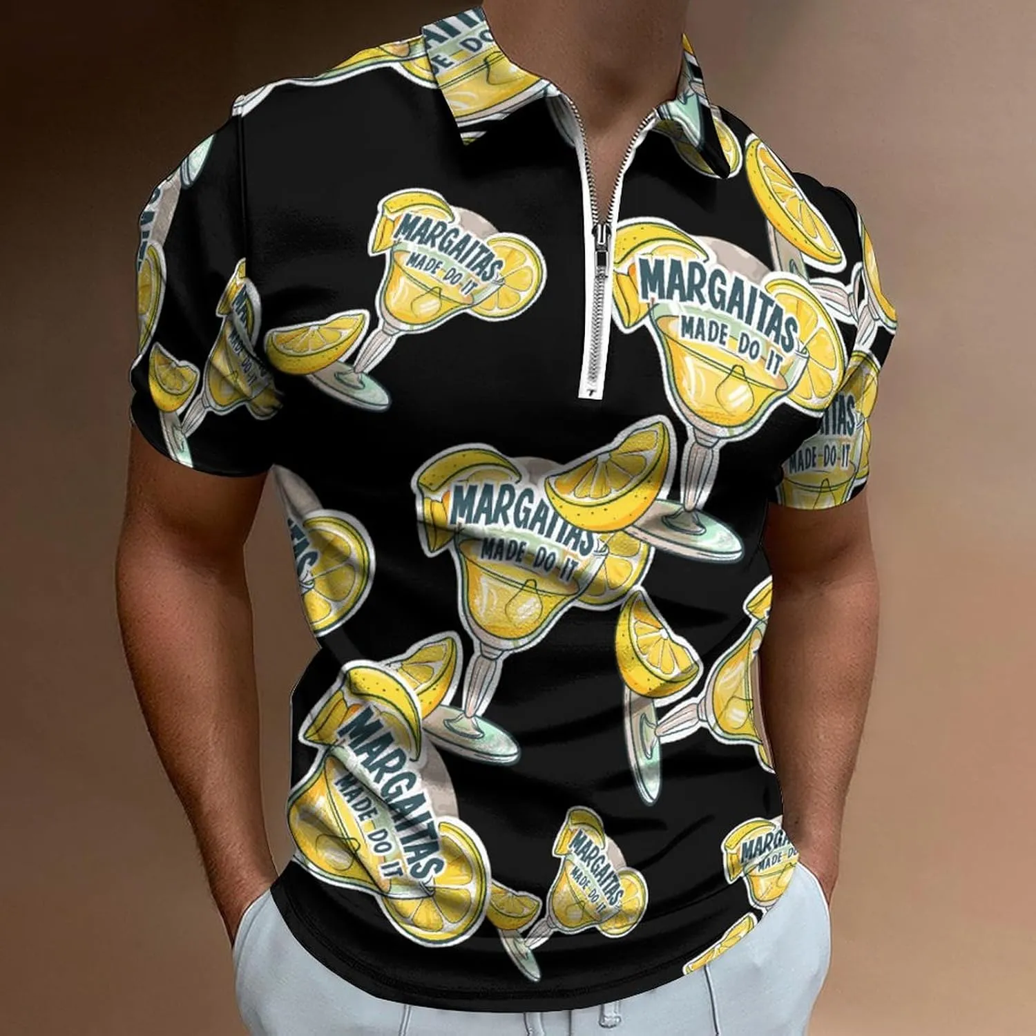 Margaritas Made Me Do It Men's Polo Shirts Zippered Short Sleeve Tops Causal Golf Polo Shirts