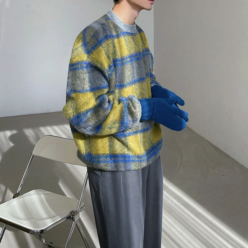 Men's Loose Spliced Round Neck Plaid Casual Sweatshirt