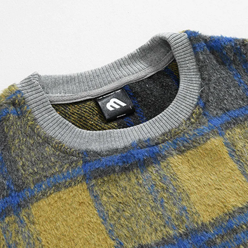 Men's Loose Spliced Round Neck Plaid Casual Sweatshirt