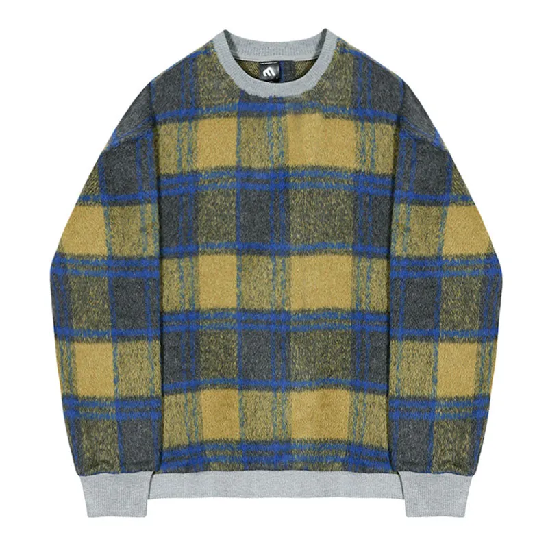 Men's Loose Spliced Round Neck Plaid Casual Sweatshirt
