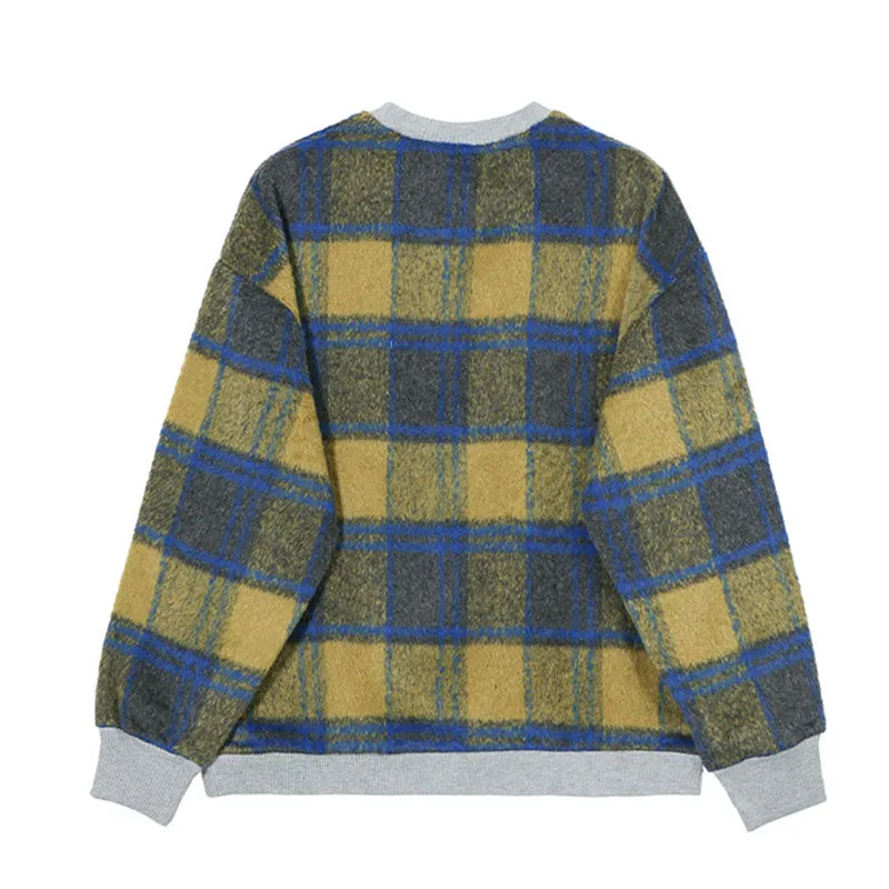Men's Loose Spliced Round Neck Plaid Casual Sweatshirt