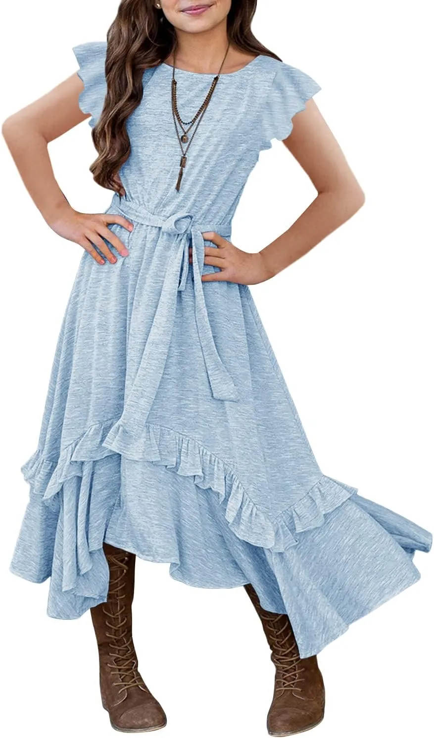 MITILLY Girls Loose Plain 3/4 Sleeve Casual Pocket Ruffle Swing Long Maxi Dress with Belt