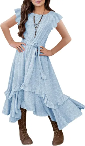 MITILLY Girls Loose Plain 3/4 Sleeve Casual Pocket Ruffle Swing Long Maxi Dress with Belt