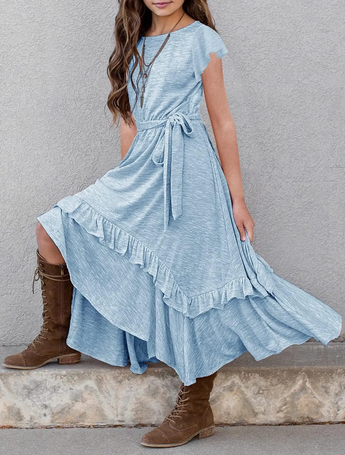 MITILLY Girls Loose Plain 3/4 Sleeve Casual Pocket Ruffle Swing Long Maxi Dress with Belt