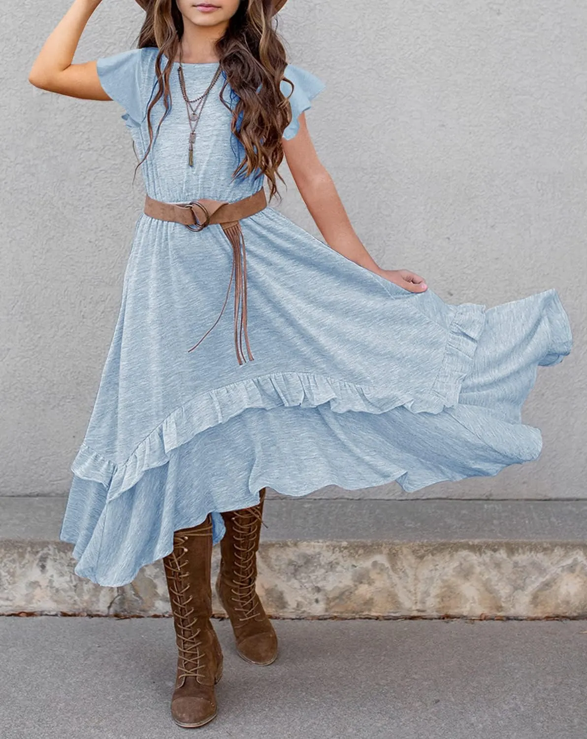MITILLY Girls Loose Plain 3/4 Sleeve Casual Pocket Ruffle Swing Long Maxi Dress with Belt