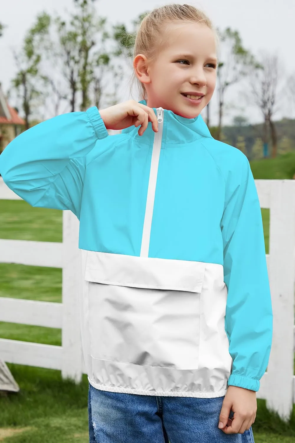 MODAFANS Girls Boys Rain Jacket Lightweight Waterproof Packable Hooded Half zip RainCoats Windbreaker for Outdoor 4-13Year