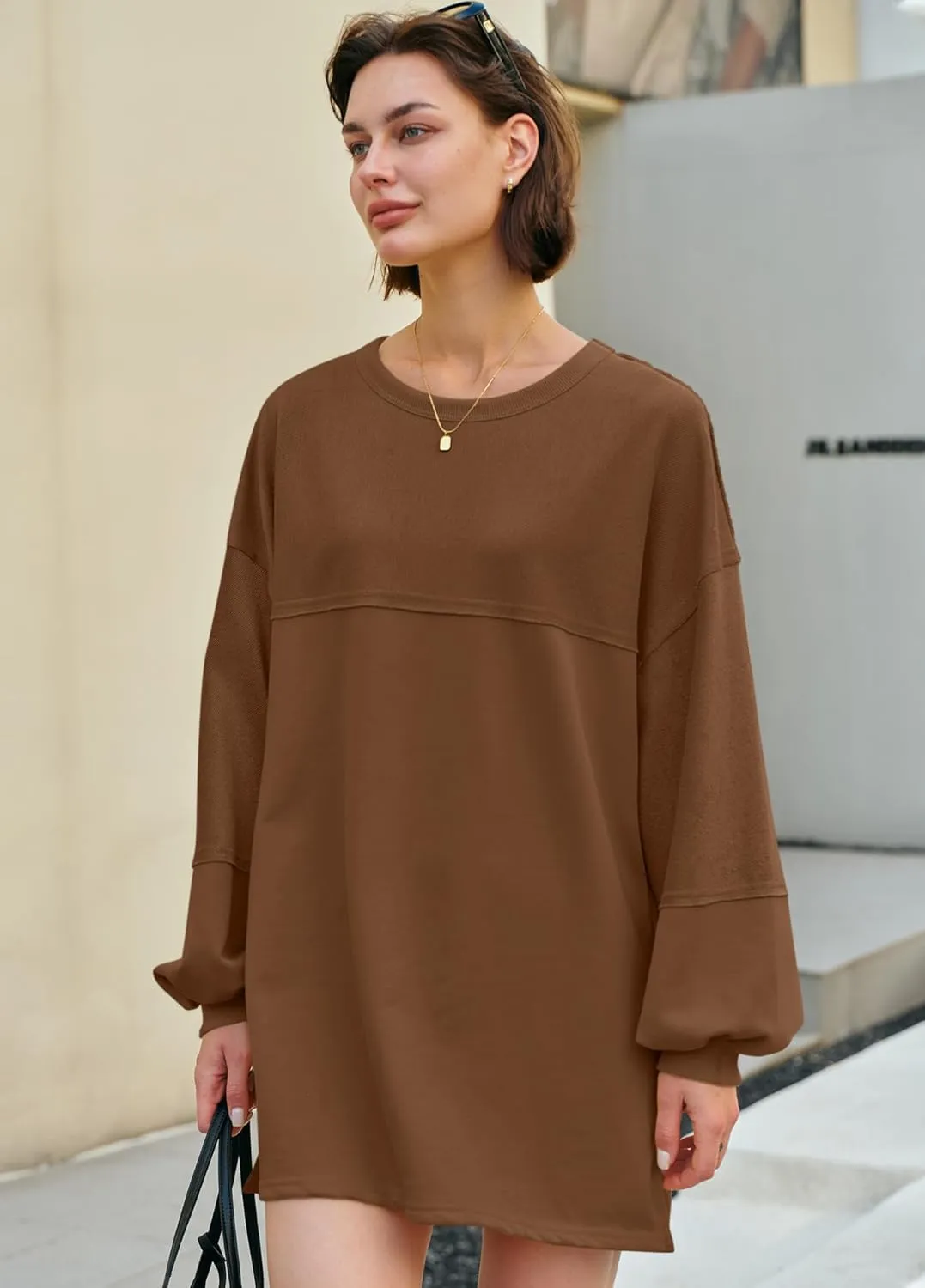 Panadila Womens Oversized Long Sleeve Patchwork Sweatshirt Dress Crewneck Tunic Sweatshirts Fall Loose Pullover Top