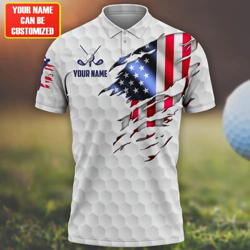 Personalized Funny Golf Polo Shirt for Men Proud Golf American Flag Polo Shirt, Custom Name and Team Name Golf Polo Shirt