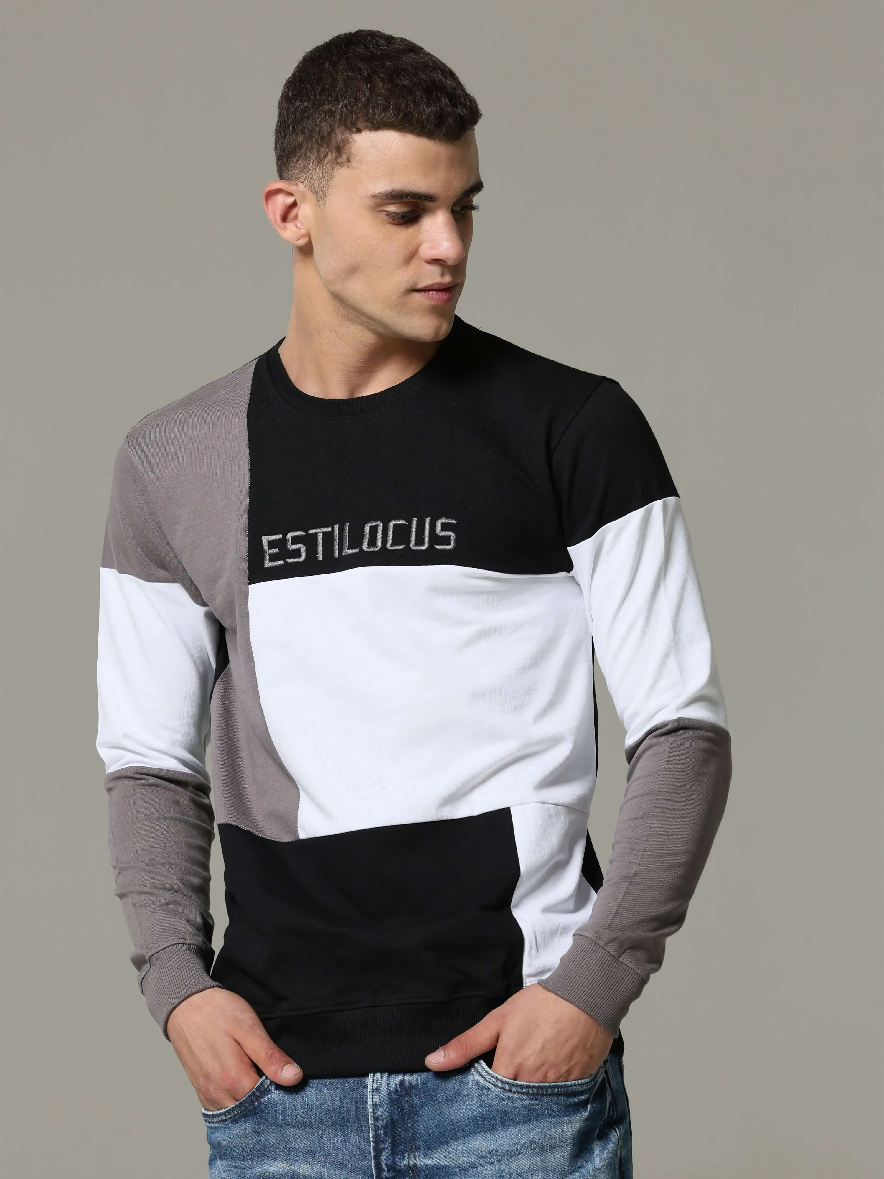 "Block Patterned Black  White Fusion Sweatshirt "