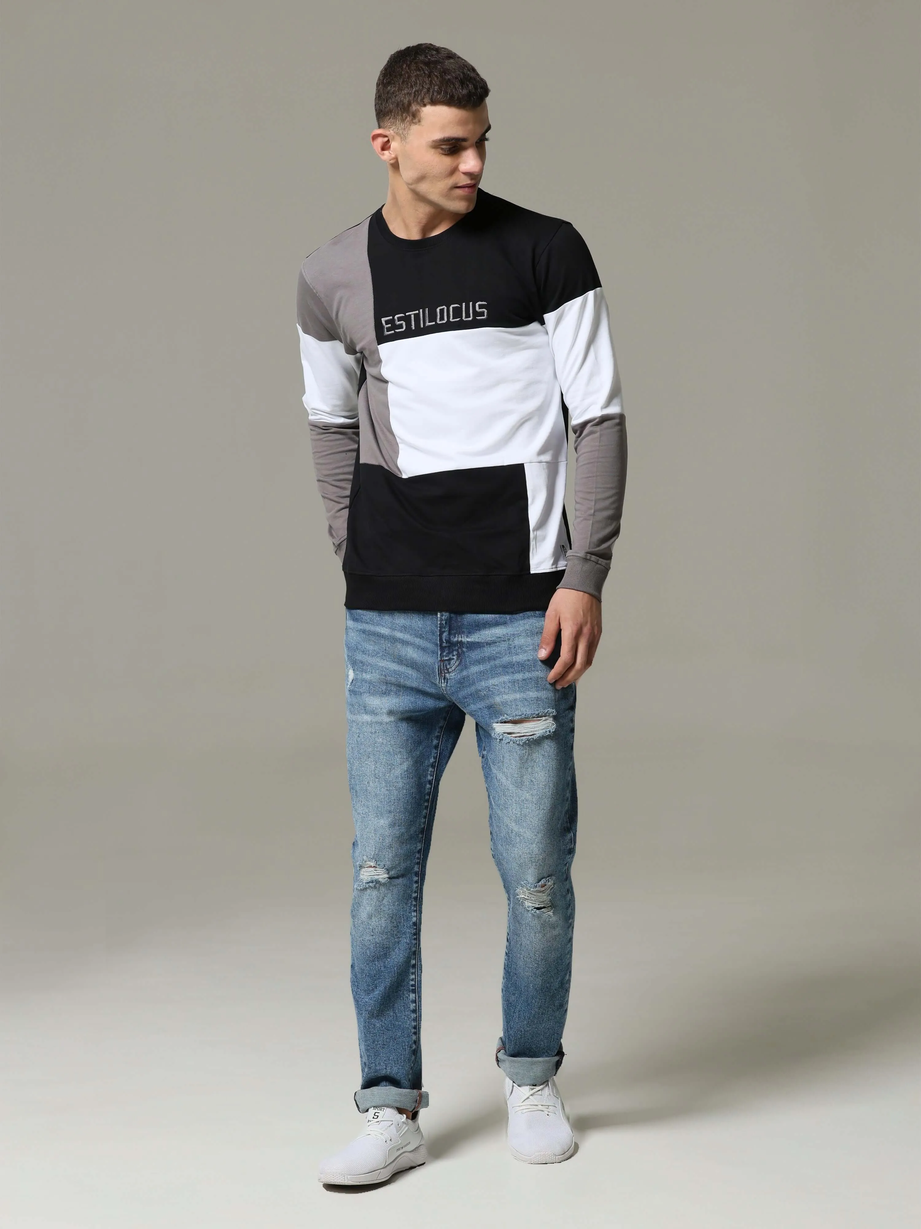 "Block Patterned Black  White Fusion Sweatshirt "