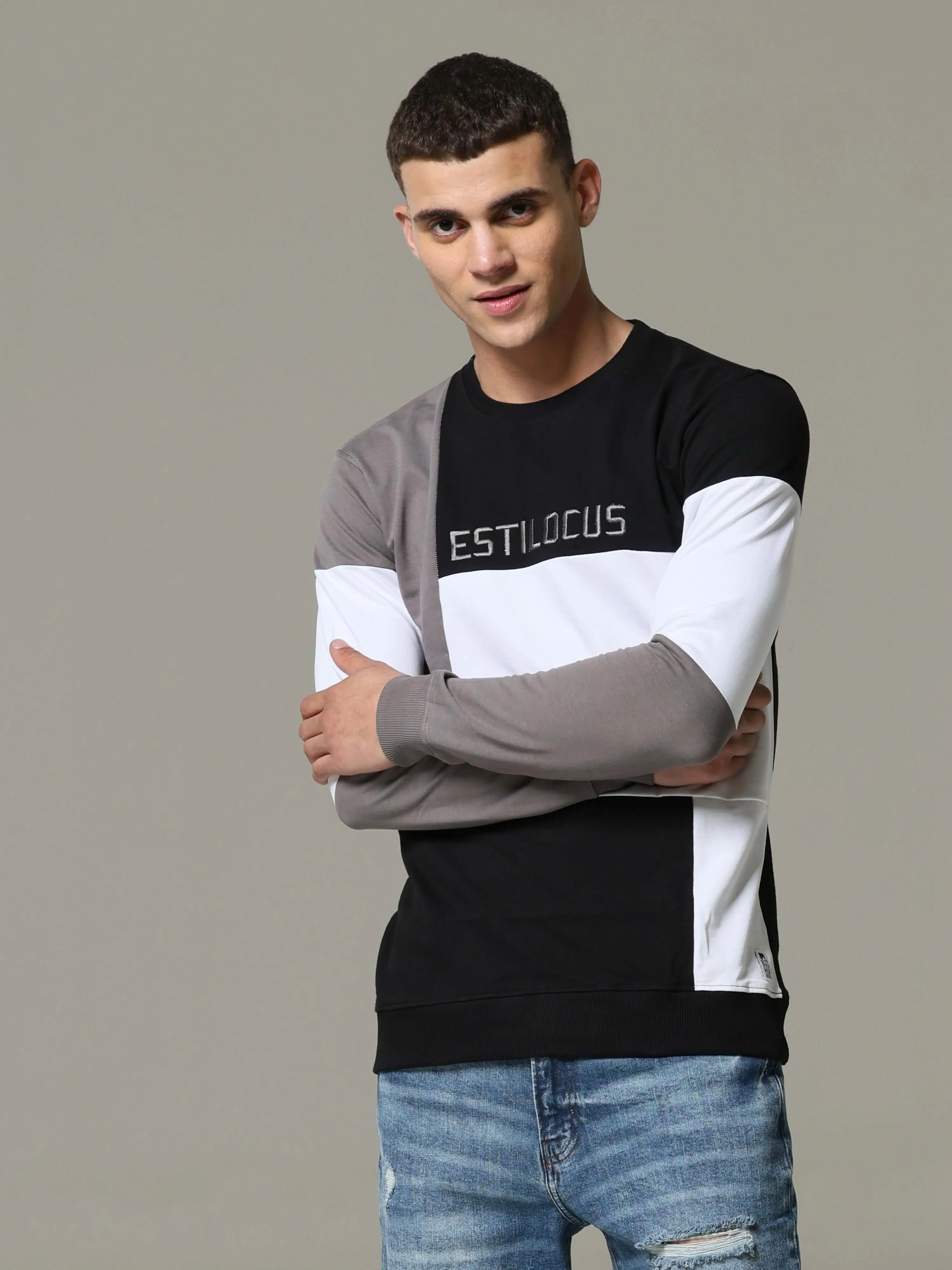 "Block Patterned Black  White Fusion Sweatshirt "