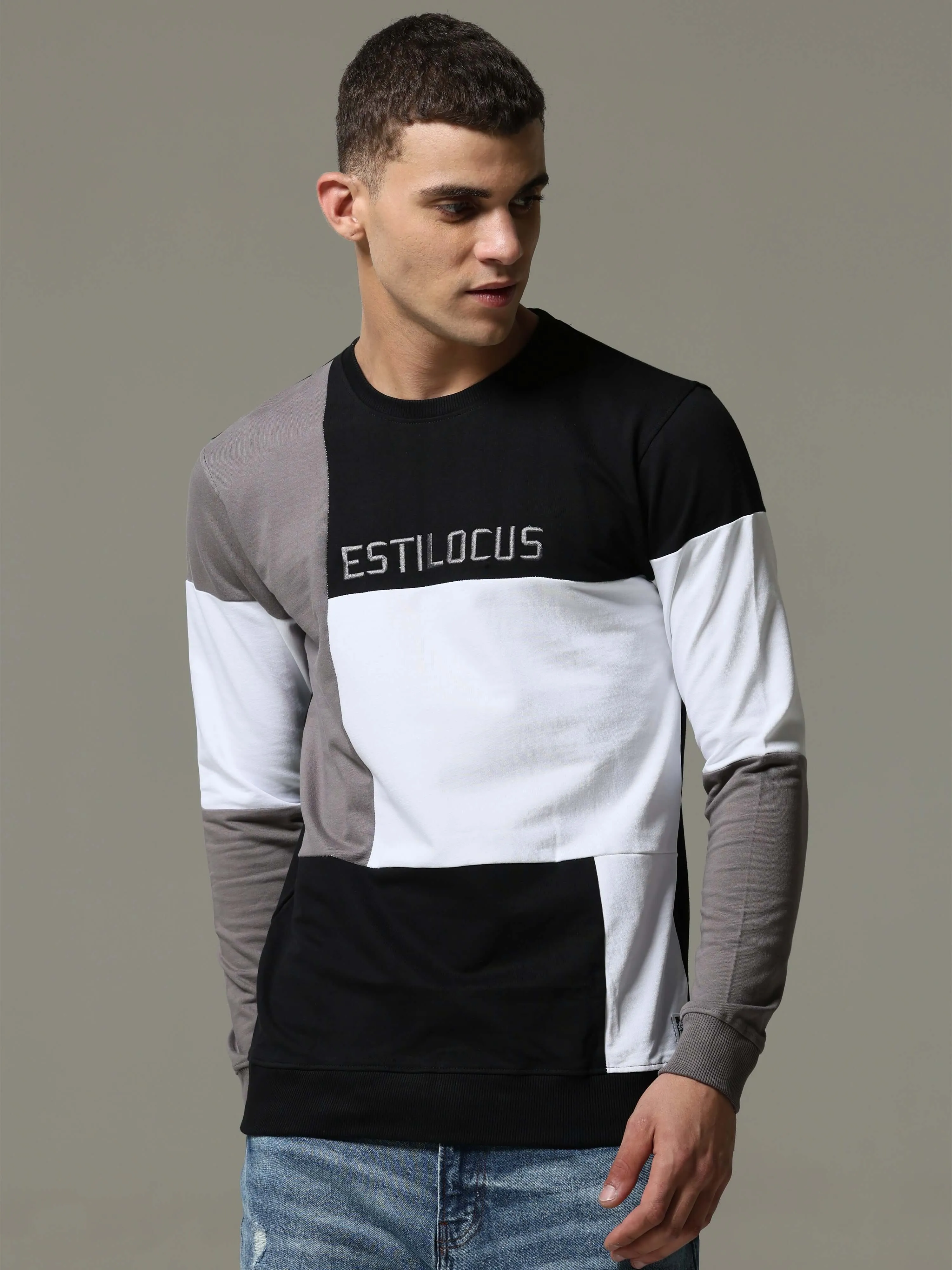 "Block Patterned Black  White Fusion Sweatshirt "