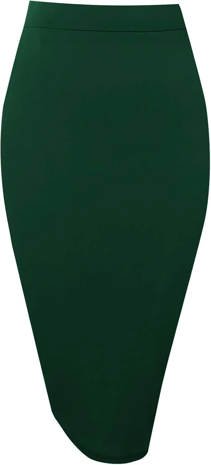 Topdress Women's Bodycon Pencil Skirts Basic Elastic High Waisted Stretch Short Skirt Knee Lenght with Slit