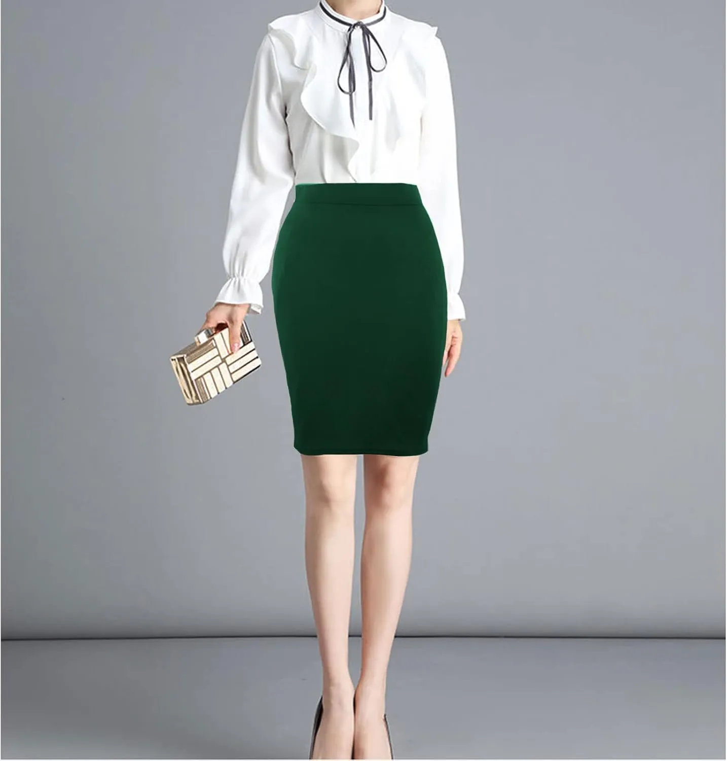 Topdress Women's Bodycon Pencil Skirts Basic Elastic High Waisted Stretch Short Skirt Knee Lenght with Slit