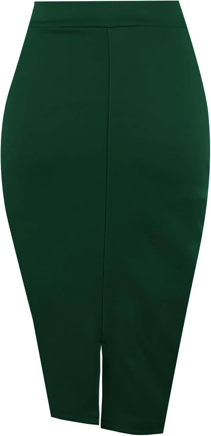 Topdress Women's Bodycon Pencil Skirts Basic Elastic High Waisted Stretch Short Skirt Knee Lenght with Slit