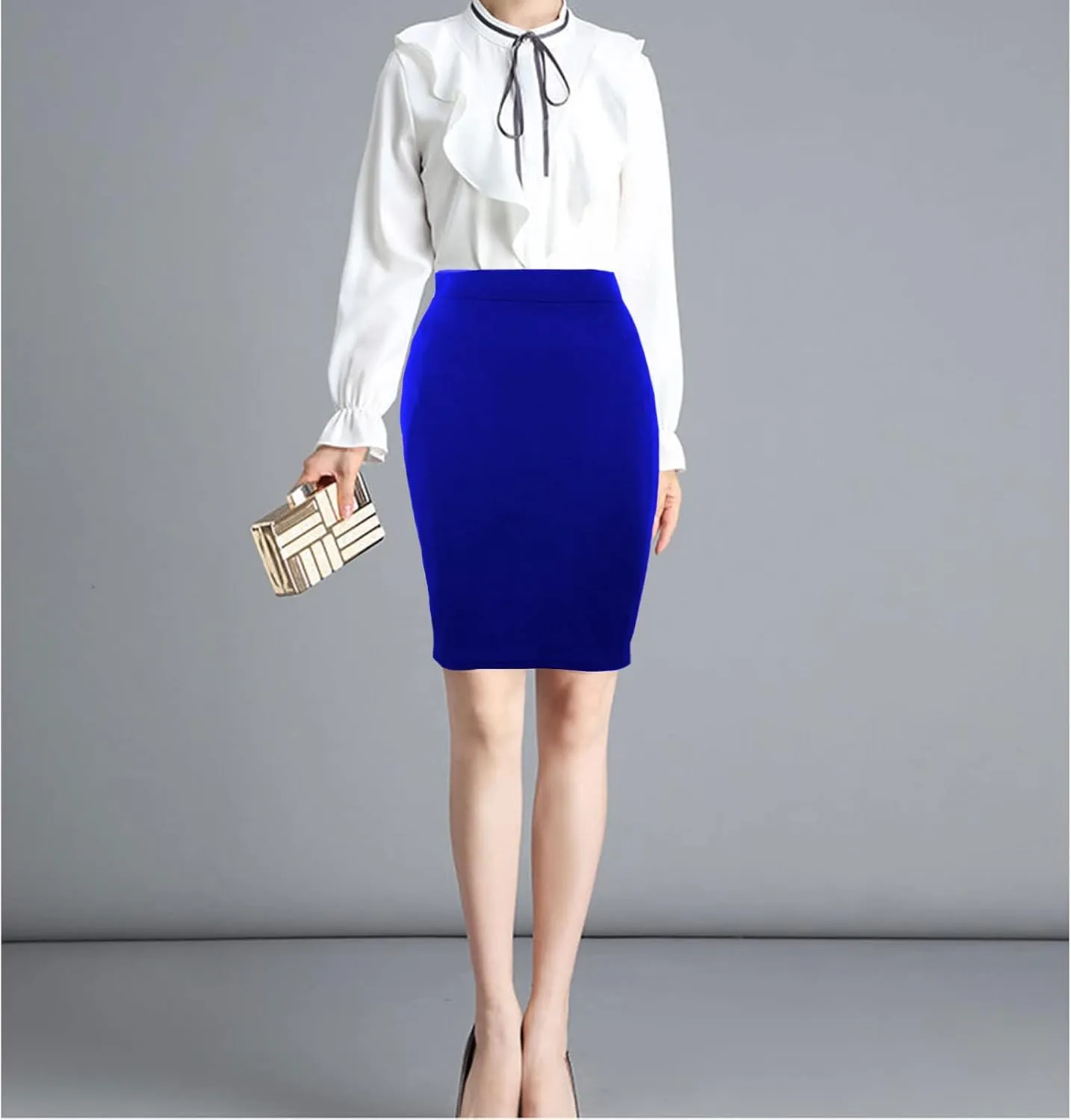 Topdress Women's Bodycon Pencil Skirts Basic Elastic High Waisted Stretch Short Skirt Knee Lenght with Slit