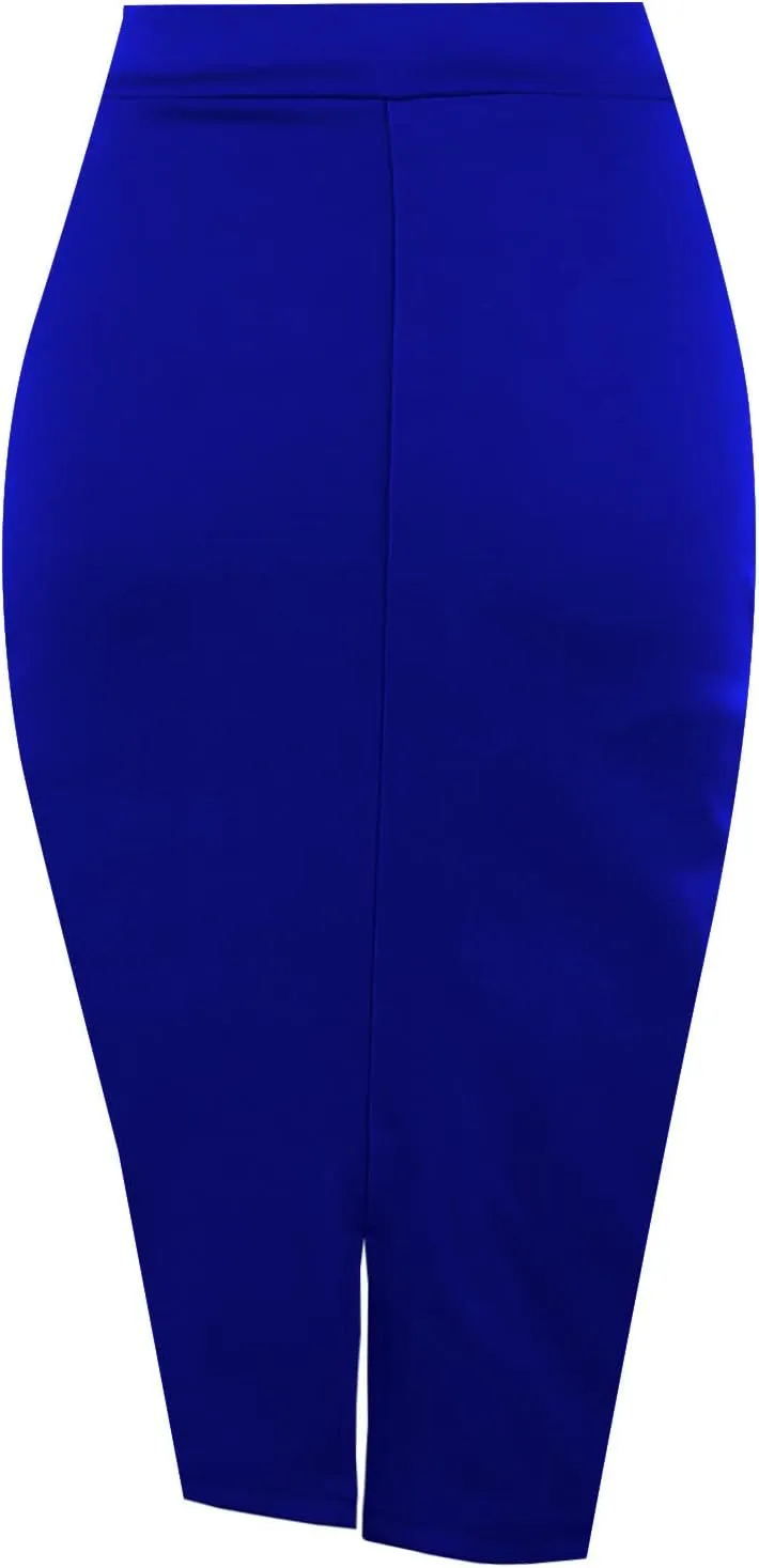 Topdress Women's Bodycon Pencil Skirts Basic Elastic High Waisted Stretch Short Skirt Knee Lenght with Slit