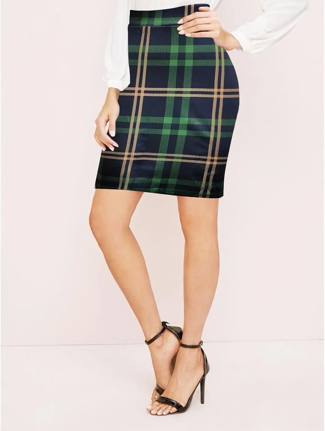 Topdress Women's Bodycon Pencil Skirts Basic Elastic High Waisted Stretch Short Skirt Knee Lenght with Slit