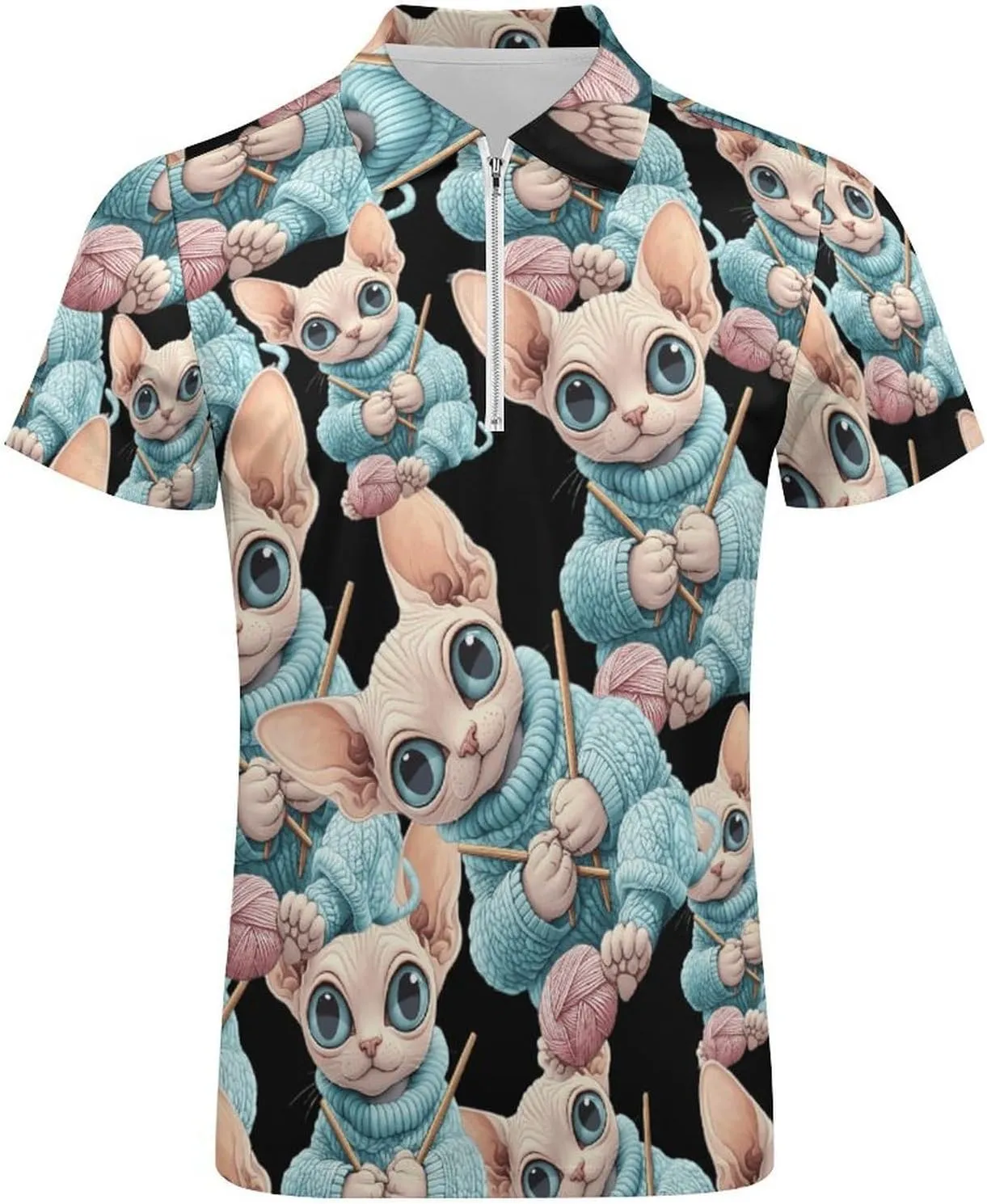 ute Sphinx Cat Knitting A Sweater Trendy Polo Shirts for Men Short Sleeve Lapel Collar Zipper T-Shirts Outdoor Sports