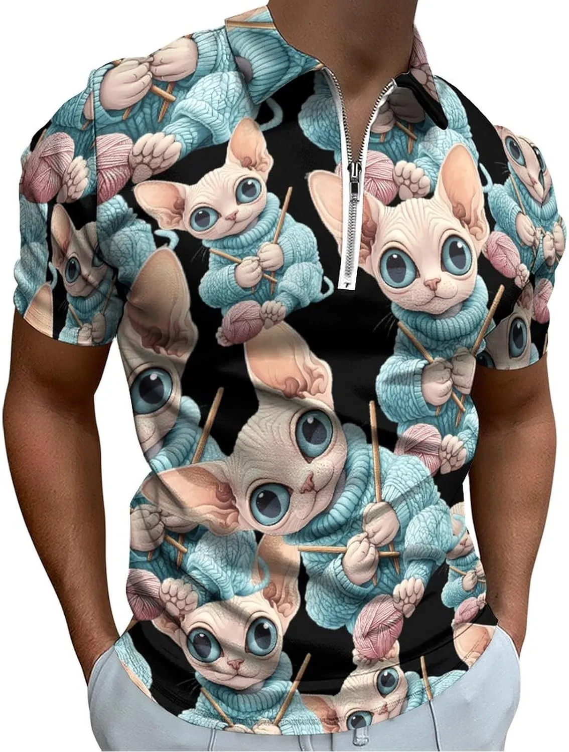 ute Sphinx Cat Knitting A Sweater Trendy Polo Shirts for Men Short Sleeve Lapel Collar Zipper T-Shirts Outdoor Sports