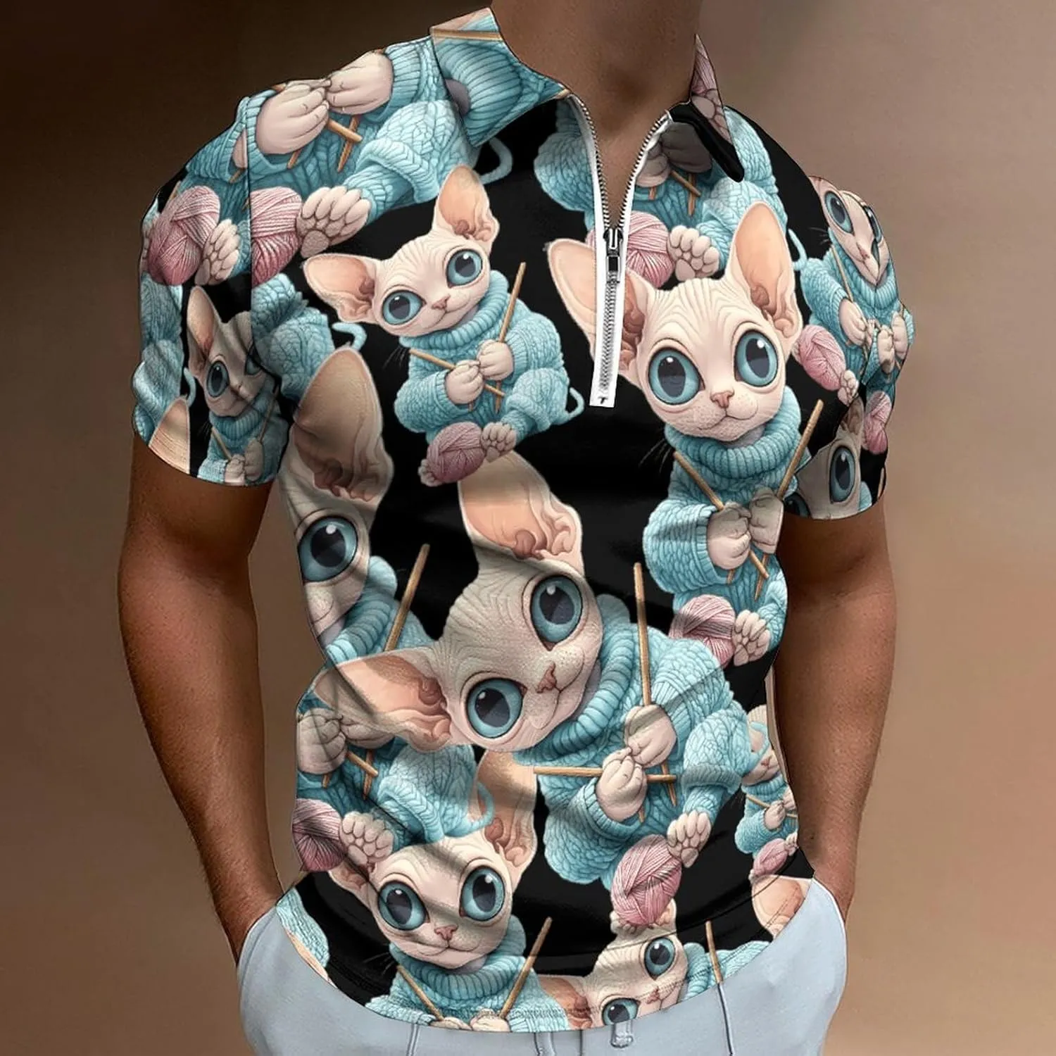 ute Sphinx Cat Knitting A Sweater Trendy Polo Shirts for Men Short Sleeve Lapel Collar Zipper T-Shirts Outdoor Sports