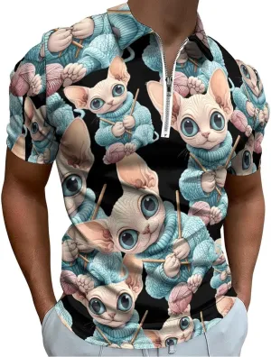 ute Sphinx Cat Knitting A Sweater Trendy Polo Shirts for Men Short Sleeve Lapel Collar Zipper T-Shirts Outdoor Sports