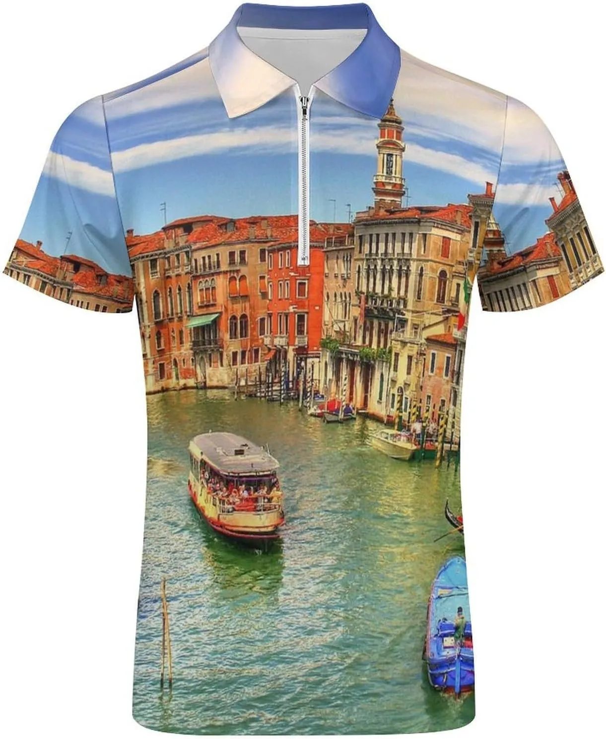 Water Venice Italy, Men's Polo Shirts Casual Short Sleeve T Shirt Zippered Golf Top Tee