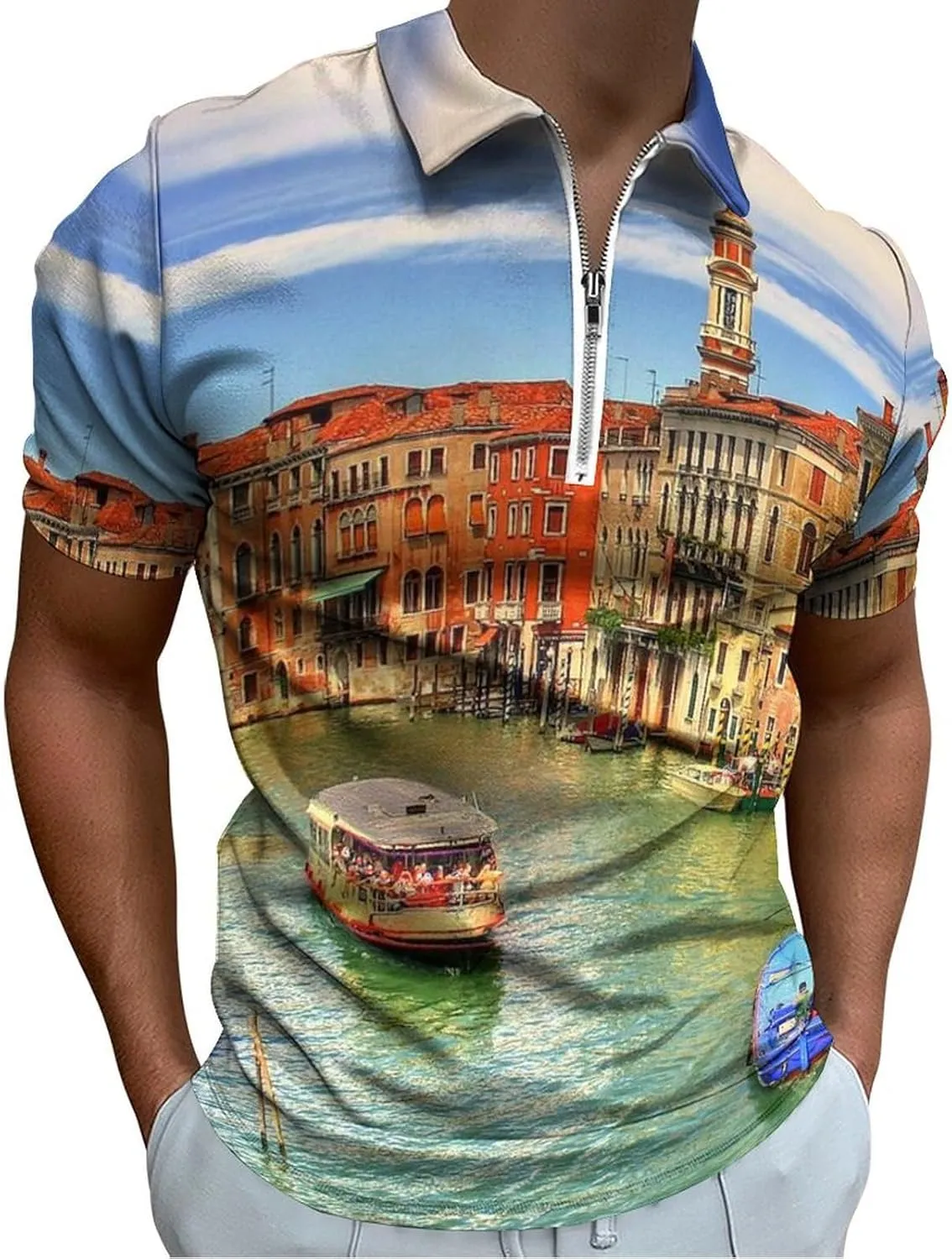 Water Venice Italy, Men's Polo Shirts Casual Short Sleeve T Shirt Zippered Golf Top Tee