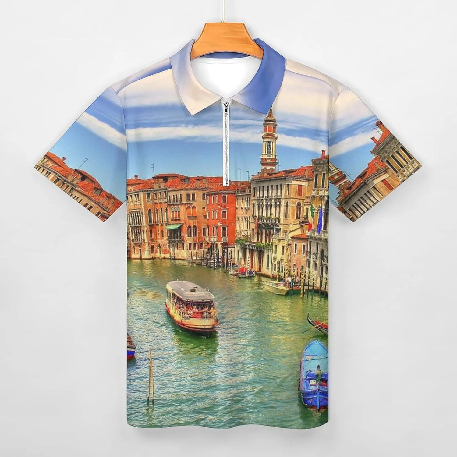 Water Venice Italy, Men's Polo Shirts Casual Short Sleeve T Shirt Zippered Golf Top Tee