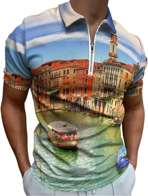 Water Venice Italy, Men's Polo Shirts Casual Short Sleeve T Shirt Zippered Golf Top Tee