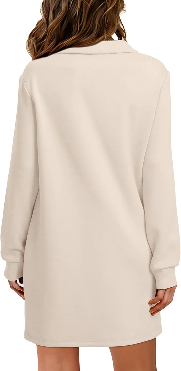 WIHOLL Womens Long Sleeve Lapel Collared V Neck Sweatshirt Dress Loose Fit Solid Color Mini Dresses Fall 2024