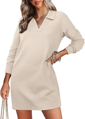 WIHOLL Womens Long Sleeve Lapel Collared V Neck Sweatshirt Dress Loose Fit Solid Color Mini Dresses Fall 2024