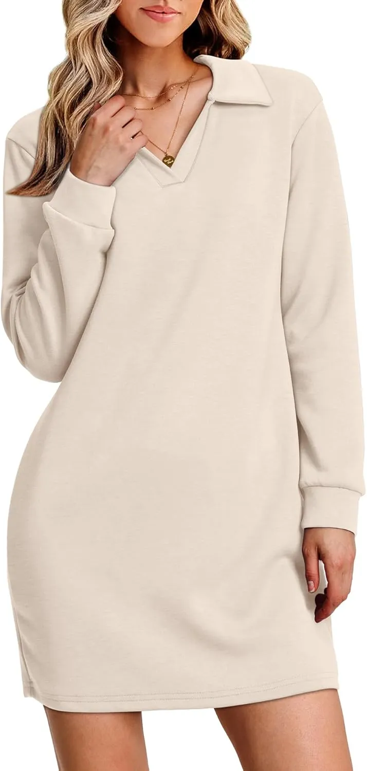 WIHOLL Womens Long Sleeve Lapel Collared V Neck Sweatshirt Dress Loose Fit Solid Color Mini Dresses Fall 2024