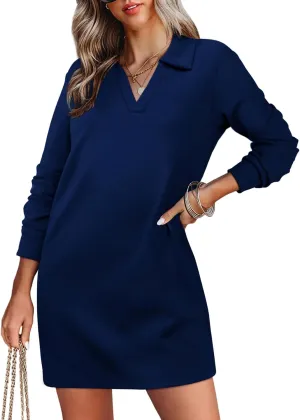 WIHOLL Womens Long Sleeve Lapel Collared V Neck Sweatshirt Dress Loose Fit Solid Color Mini Dresses Fall 2024