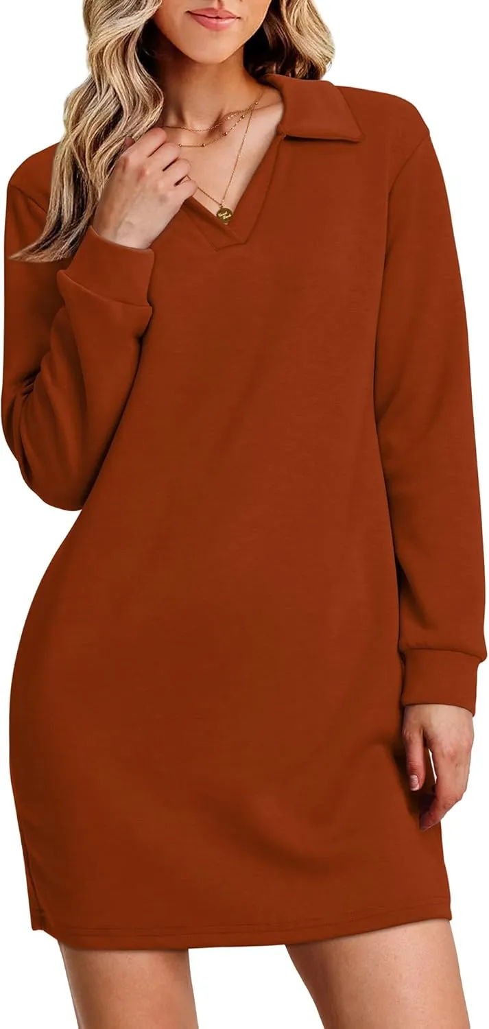 WIHOLL Womens Long Sleeve Lapel Collared V Neck Sweatshirt Dress Loose Fit Solid Color Mini Dresses Fall 2024