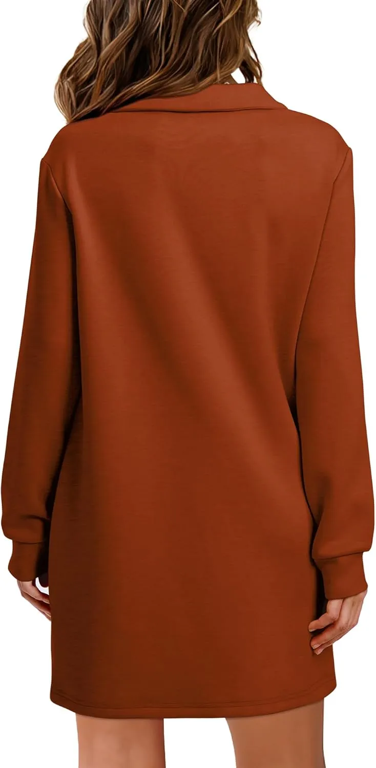 WIHOLL Womens Long Sleeve Lapel Collared V Neck Sweatshirt Dress Loose Fit Solid Color Mini Dresses Fall 2024
