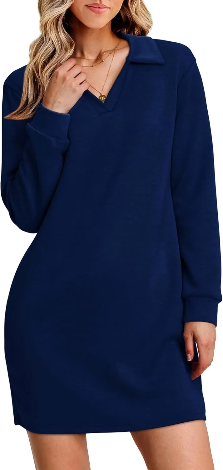 WIHOLL Womens Long Sleeve Lapel Collared V Neck Sweatshirt Dress Loose Fit Solid Color Mini Dresses Fall 2024