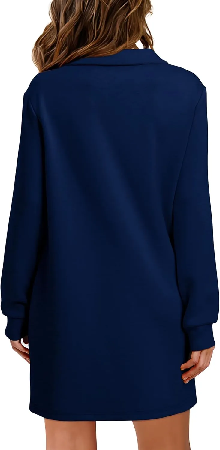 WIHOLL Womens Long Sleeve Lapel Collared V Neck Sweatshirt Dress Loose Fit Solid Color Mini Dresses Fall 2024