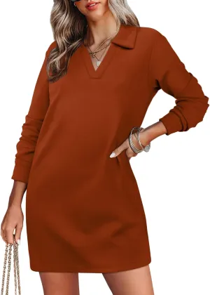 WIHOLL Womens Long Sleeve Lapel Collared V Neck Sweatshirt Dress Loose Fit Solid Color Mini Dresses Fall 2024